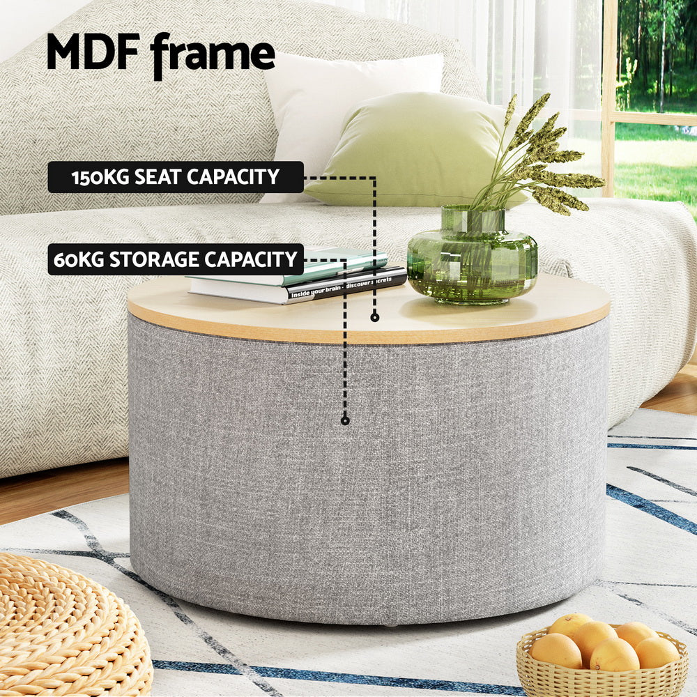 Nutshell round storage ottoman with gray fabric and wooden top, featuring 150KG seat and 60KG storage capacity