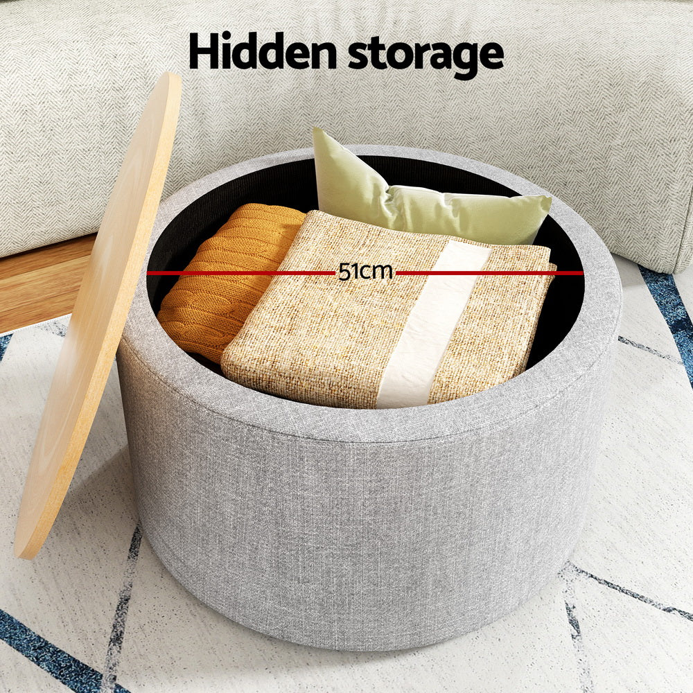 Nutshell round storage ottoman in gray fabric with hidden storage compartment and removable wooden lid