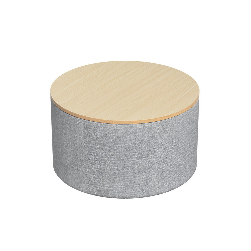 Nutshell round storage ottoman with gray fabric base and light wood top for living room