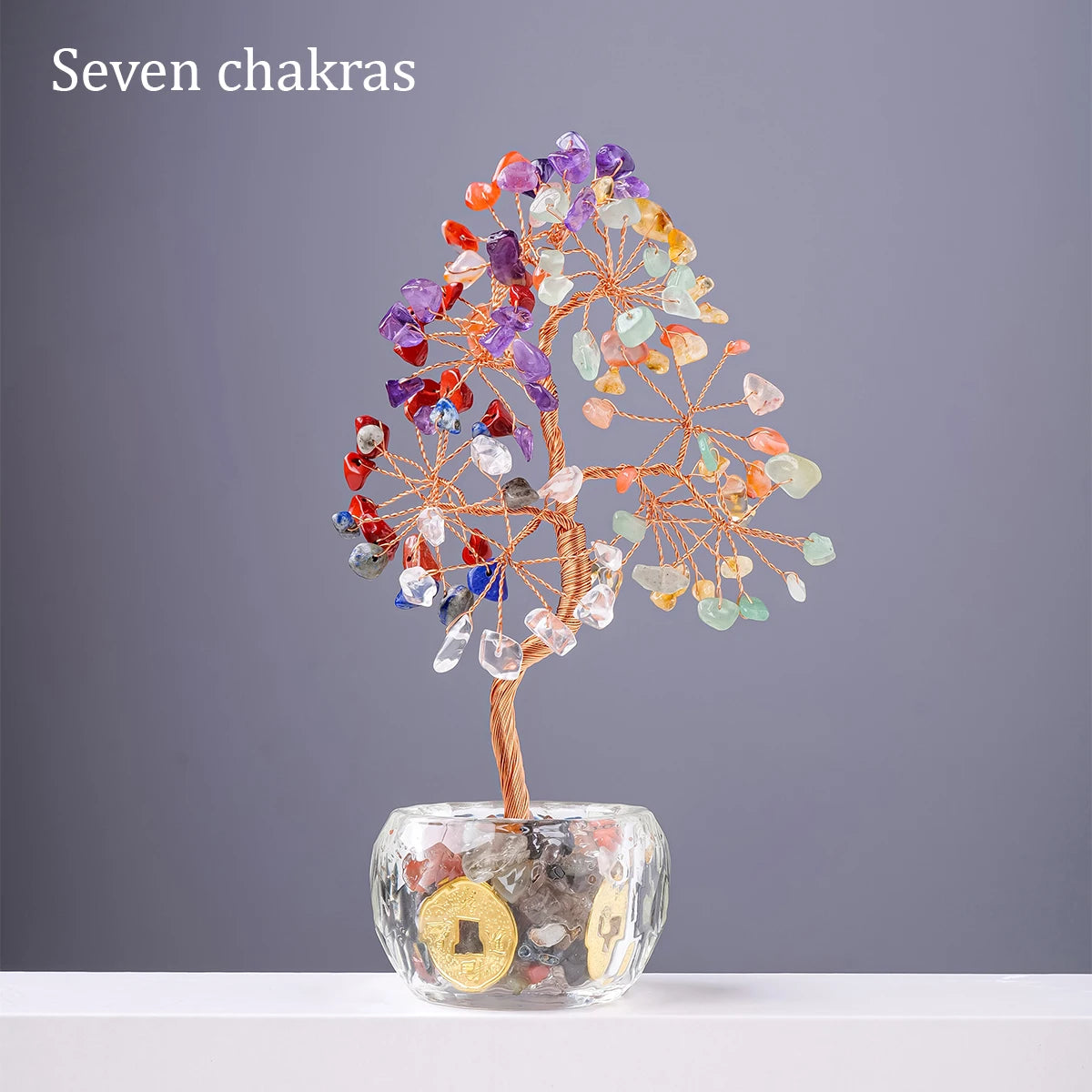 Nutshell 7 chakra healing crystal tree with colorful gemstone leaves and clear base for home decor