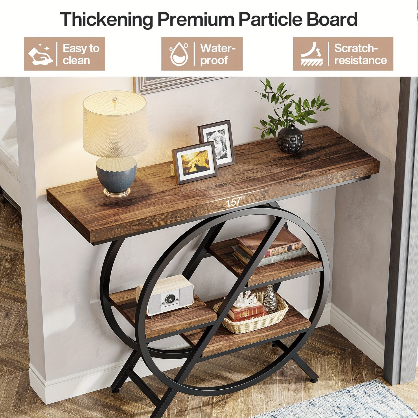 Rustic Brown Vintage Entryway Table with Metal Frame and Multiple Shelves for Storage and Display