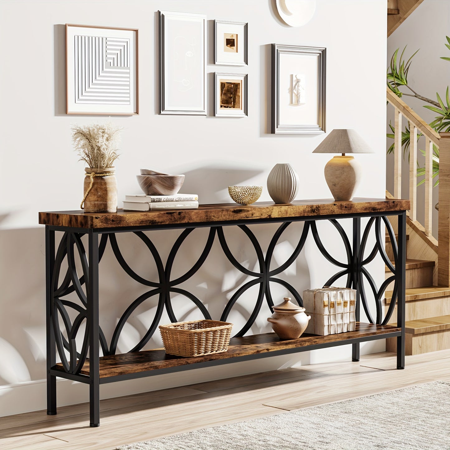 Nutshell entryway table with storage featuring a rustic wood top and decorative black metal frame