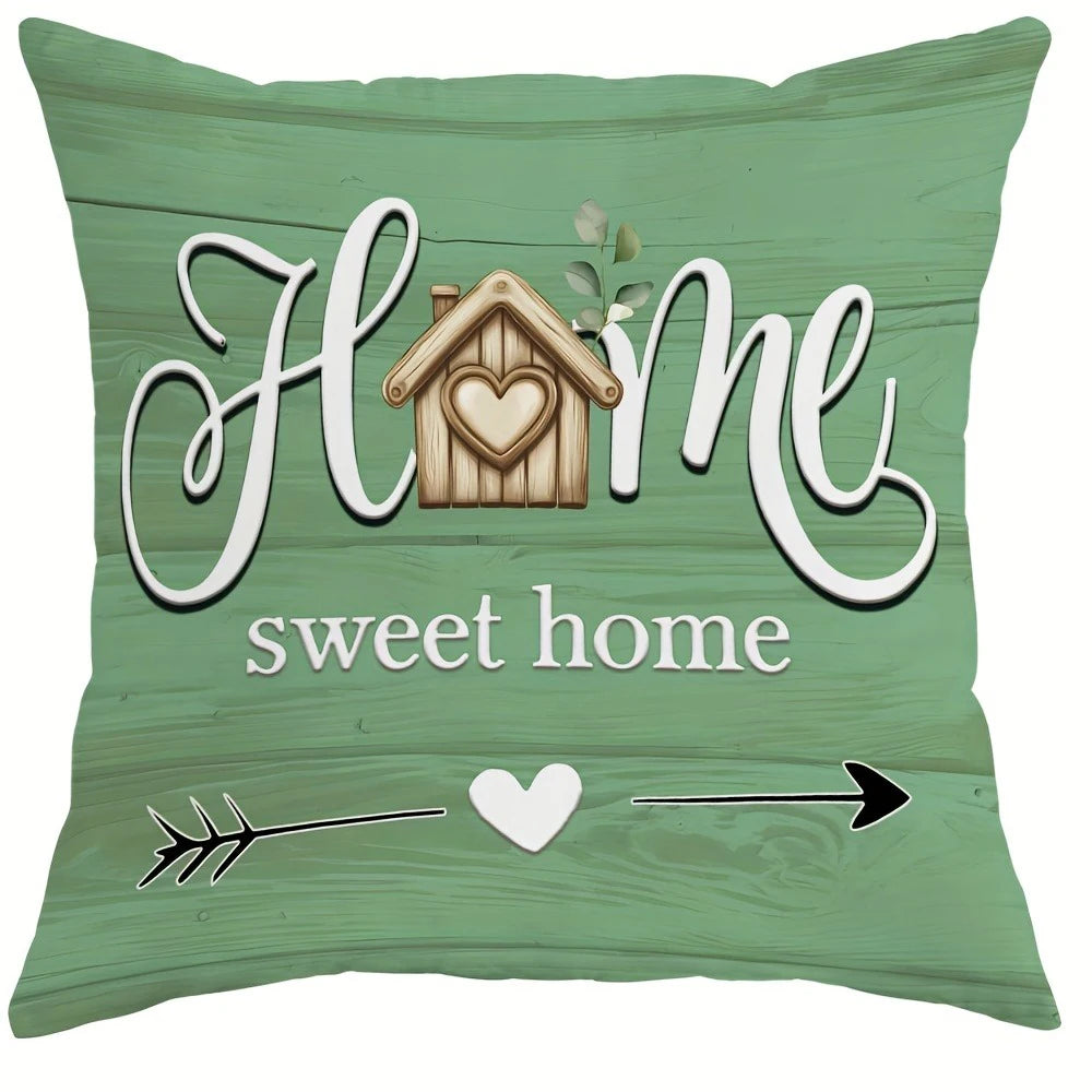 Rustic farmhouse sofa pillow cover with green wood background and home sweet home text design