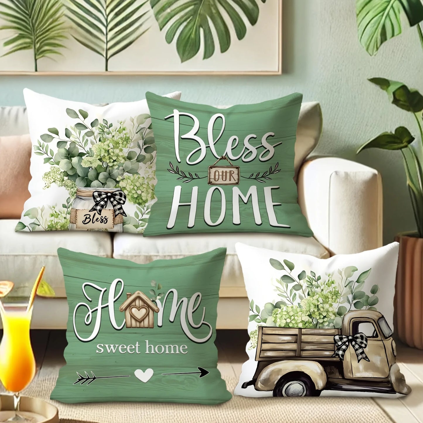 Rustic farmhouse sofa pillow cover set with green and white floral and home-themed designs on a beige couch