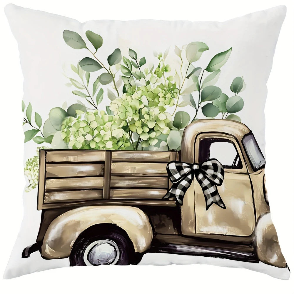Nutshell rustic farmhouse sofa pillow cover featuring vintage truck with greenery and black checkered bow