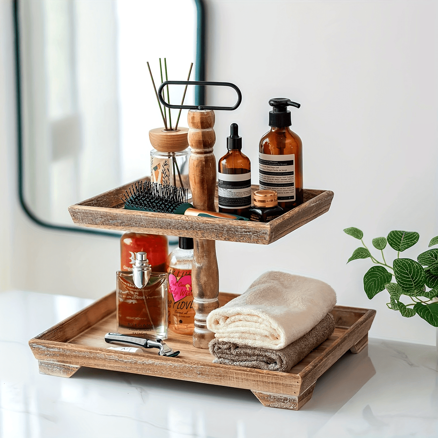 Nutshell rustic farmhouse tiered tray displaying skincare and decor items for stylish home organization