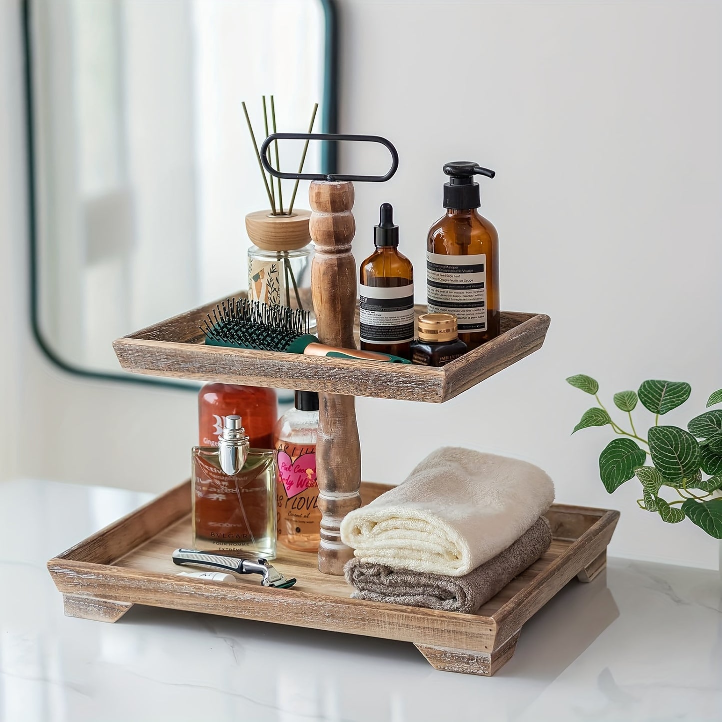 Rustic farmhouse tiered tray showcasing beautiful decor items and toiletries for stylish home organization