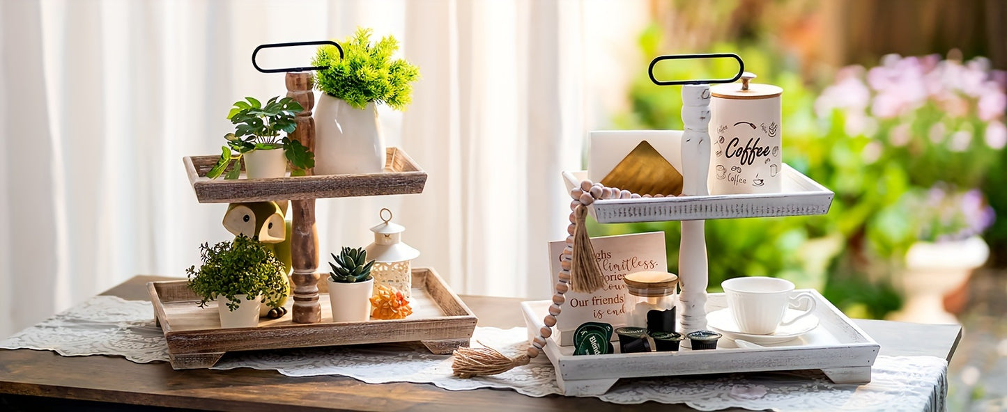 Rustic farmhouse tiered tray display with plants, coffee canister, and decorative items on a wooden table