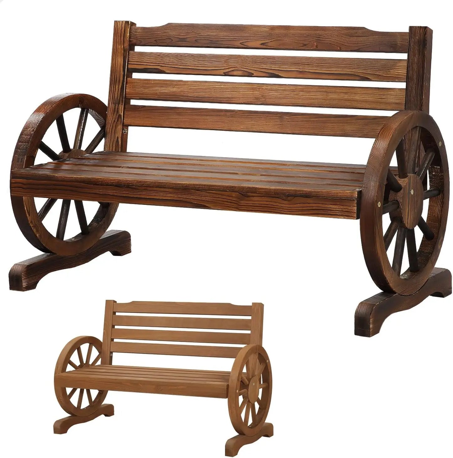 Rustic Garden Bench Wagon Wheel made of wood with a classic design and sturdy construction
