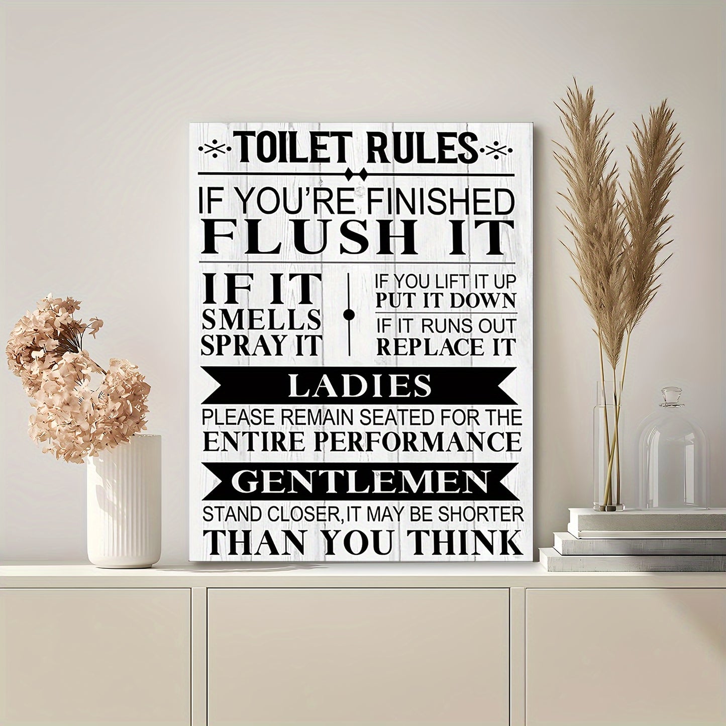 Rustic toilet rules canvas art featuring humorous restroom guidelines in black and white design