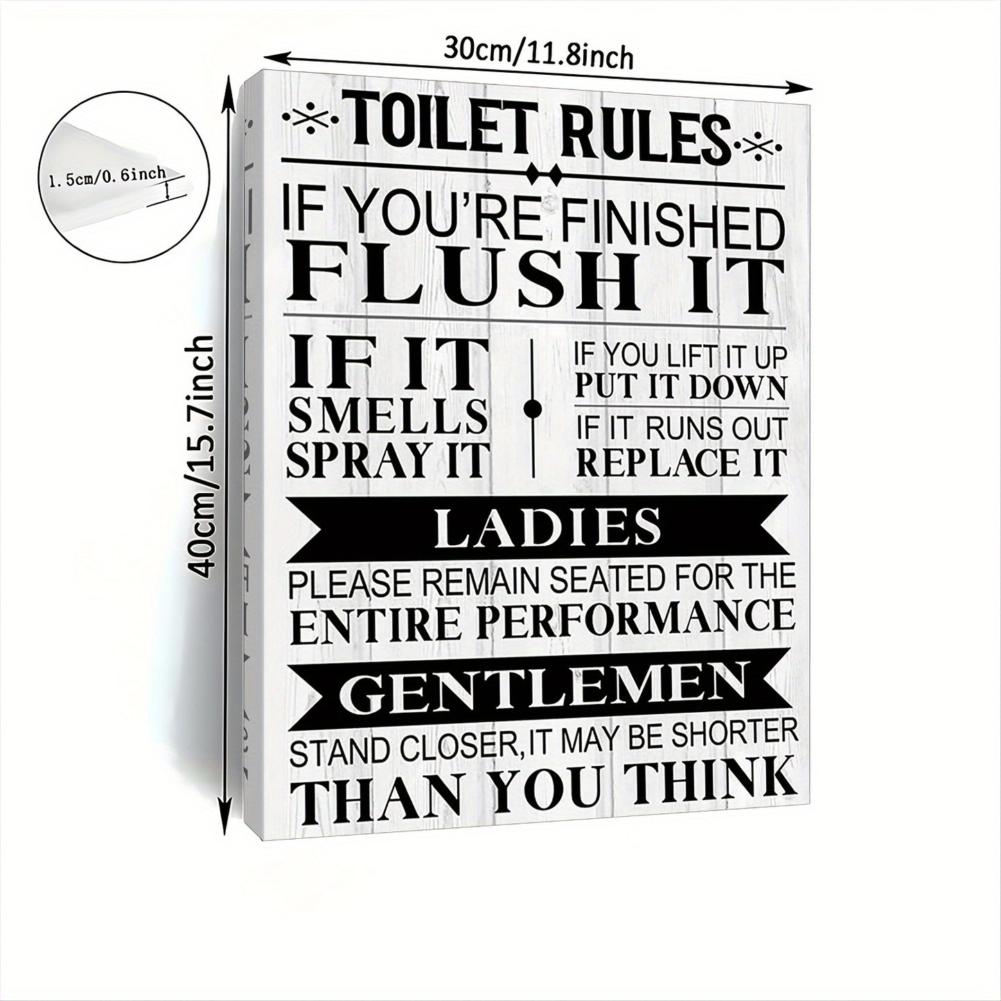 Rustic toilet rules canvas art featuring humorous bathroom etiquette and guidelines