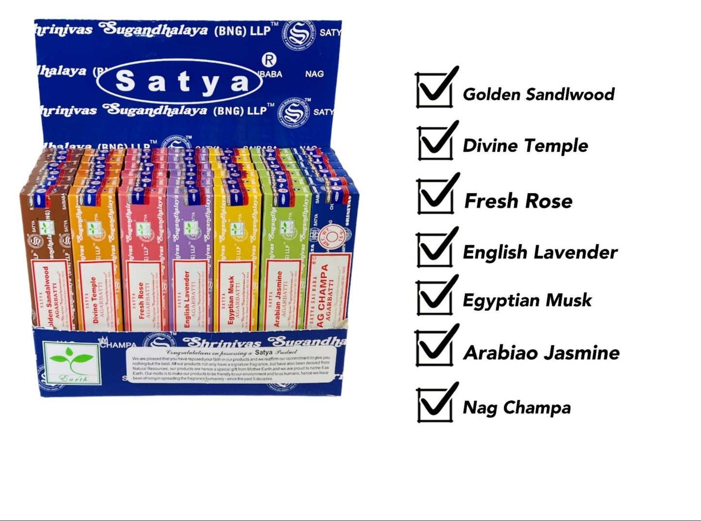 Nutshell Satya Incense Sticks display featuring various fragrances including Sandalwood and Lavender