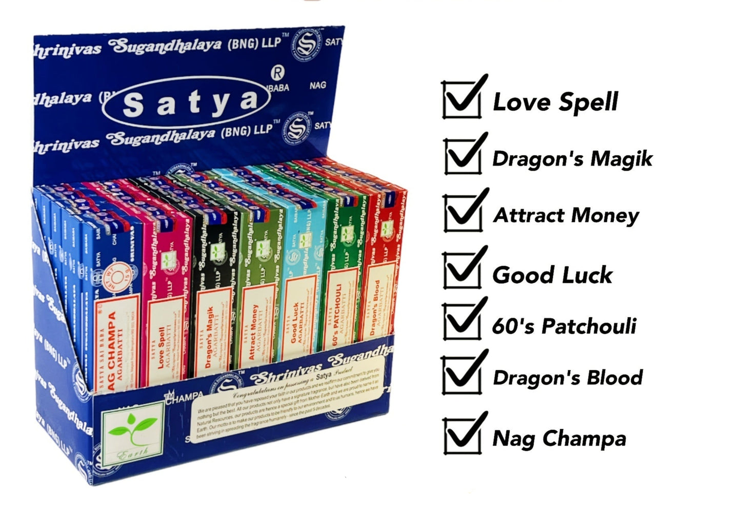 Nutshell Satya Incense Sticks assorted pack with various scents like Love Spell and Patchouli