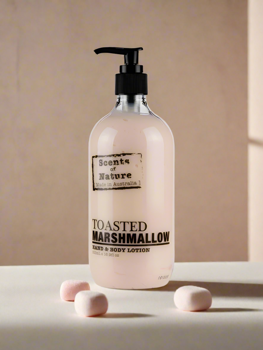 Nutshell Scents of nature Body Lotion Toasted Marshmallow hand and body lotion bottle with marshmallows
