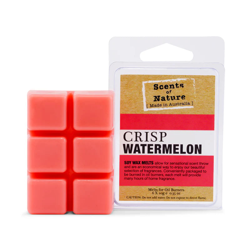 Nutshell Scents of Nature Soy Wax Melts in crisp watermelon scent with six pink cubes in clear packaging