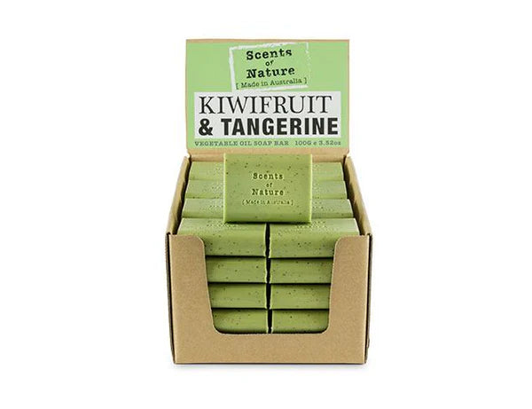 Nutshell Tilley Soap Bars kiwifruit and tangerine green soap bars stacked in a cardboard display box