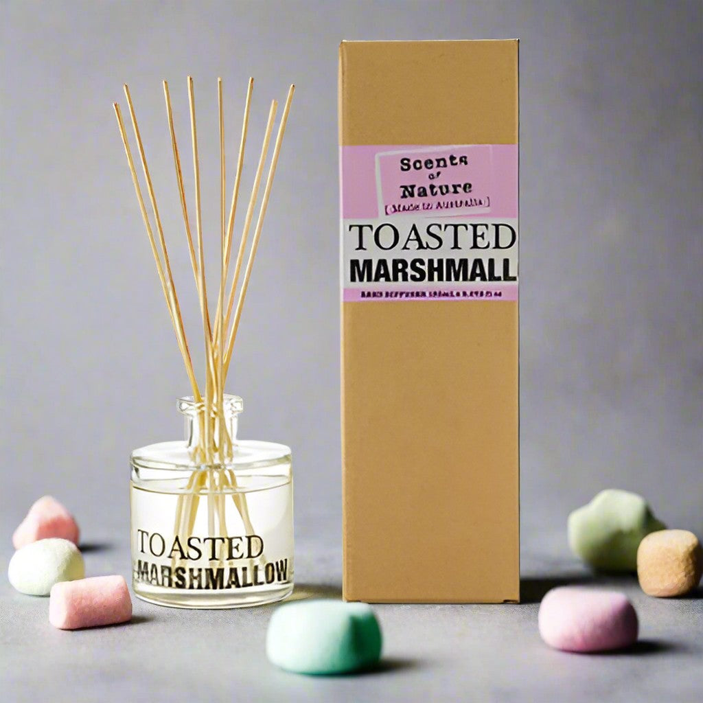 Nutshell Toasted Marshmallow Gift Pack reed diffuser in glass jar with box and pastel marshmallows