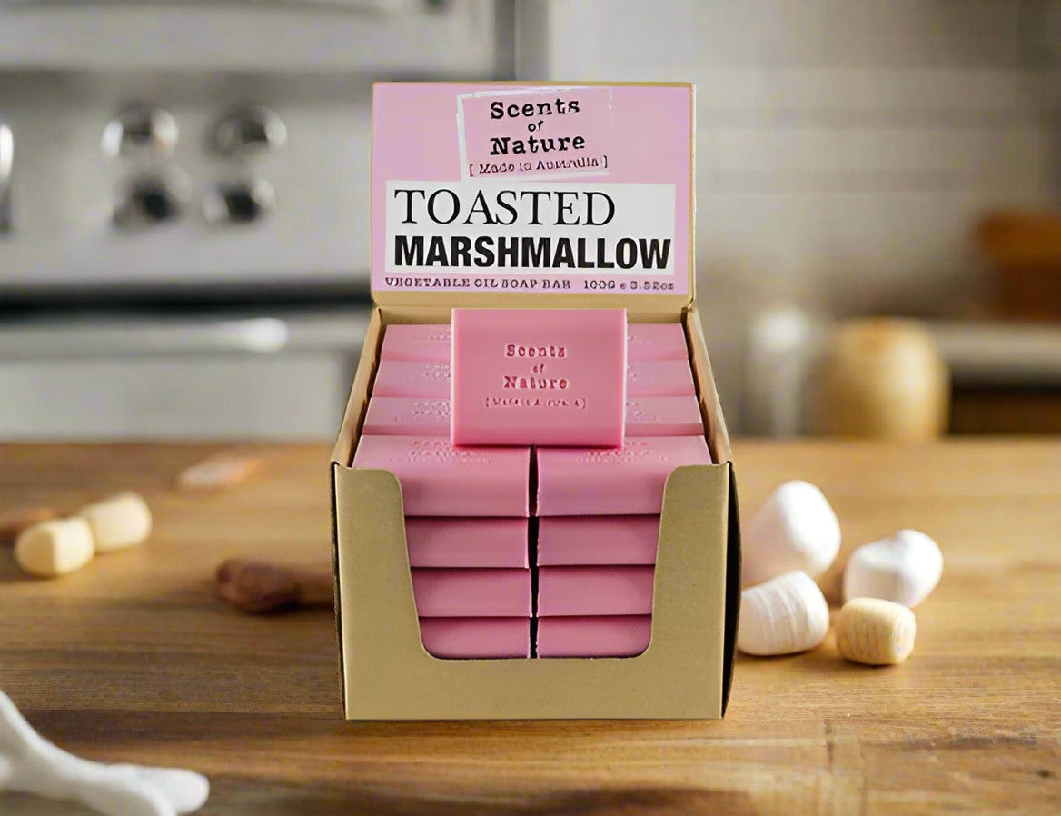 Toasted Marshmallow Gift Pack by Nutshell showing pink soap bars in countertop display box with marshmallows