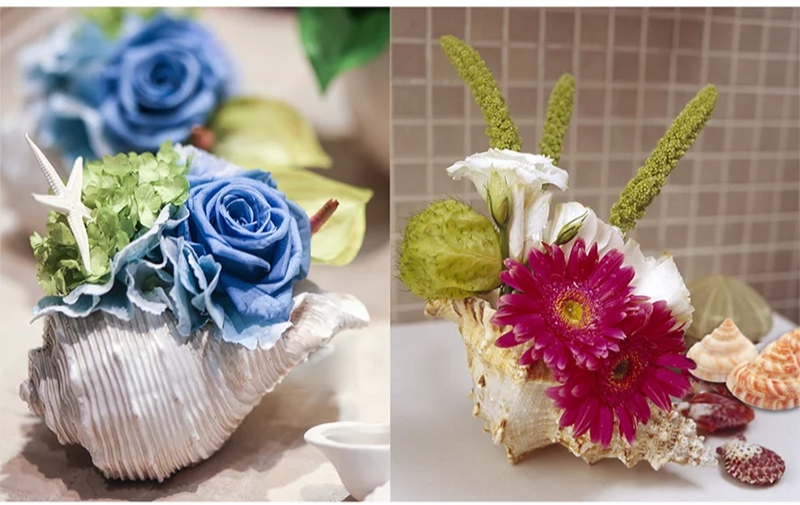 Large conch shell decor used as a floral vase and children holding conch shells by the sea by Nutshell