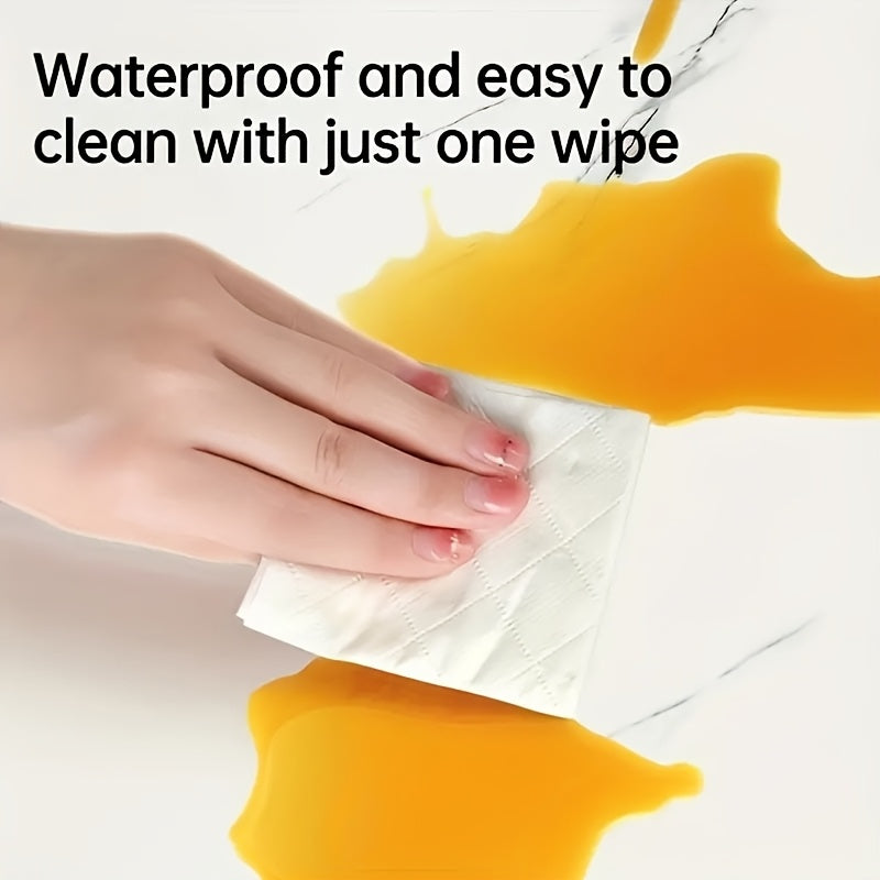 Self-adhesive decorative tiles shown being cleaned easily with one wipe, highlighting waterproof feature