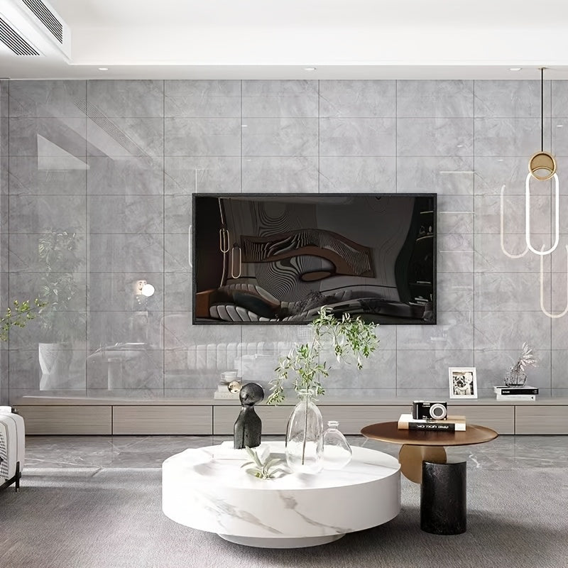 Modern living room with self-adhesive decorative tiles and stylish furniture accents
