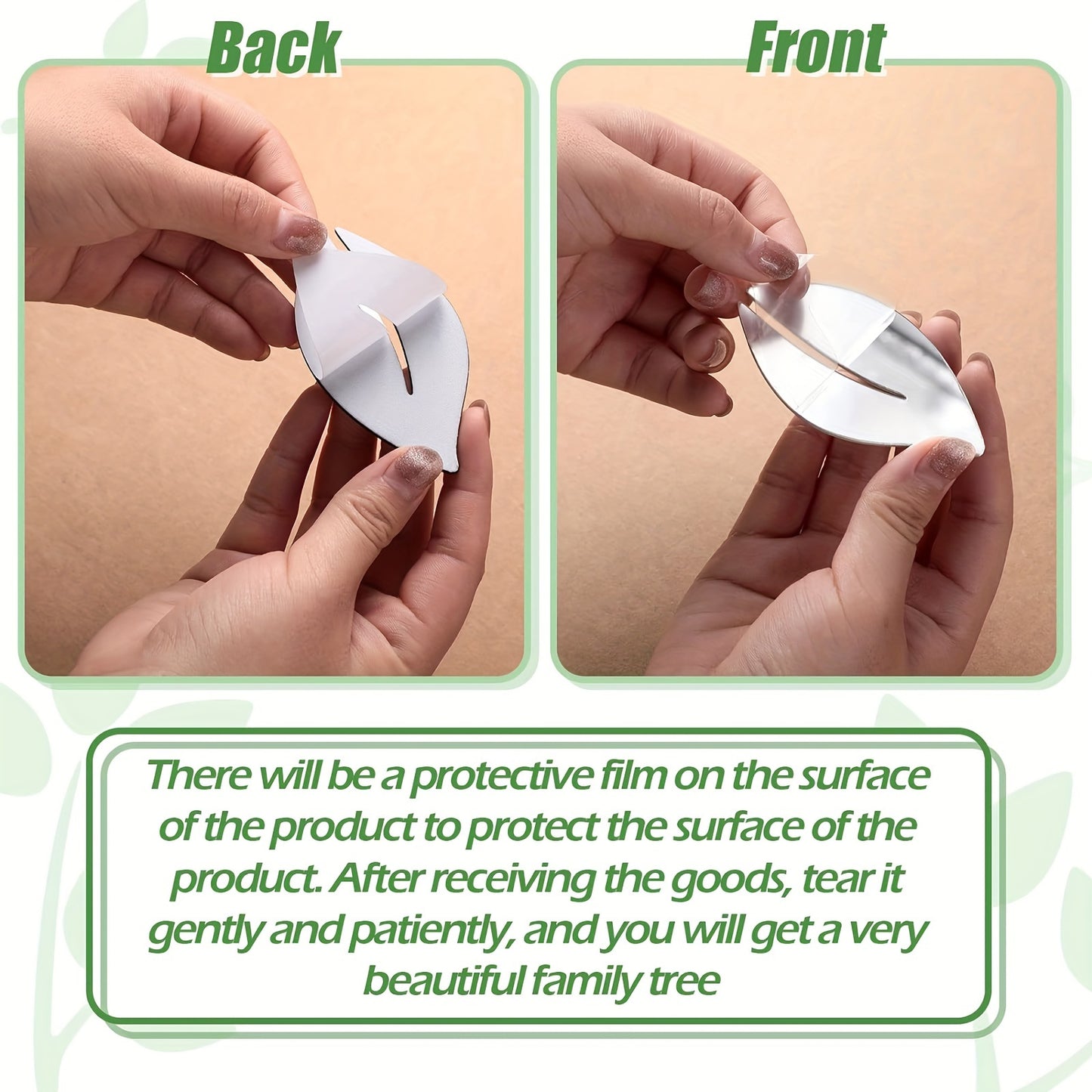 User demonstrating self-adhesive family tree frames with protective film for easy application
