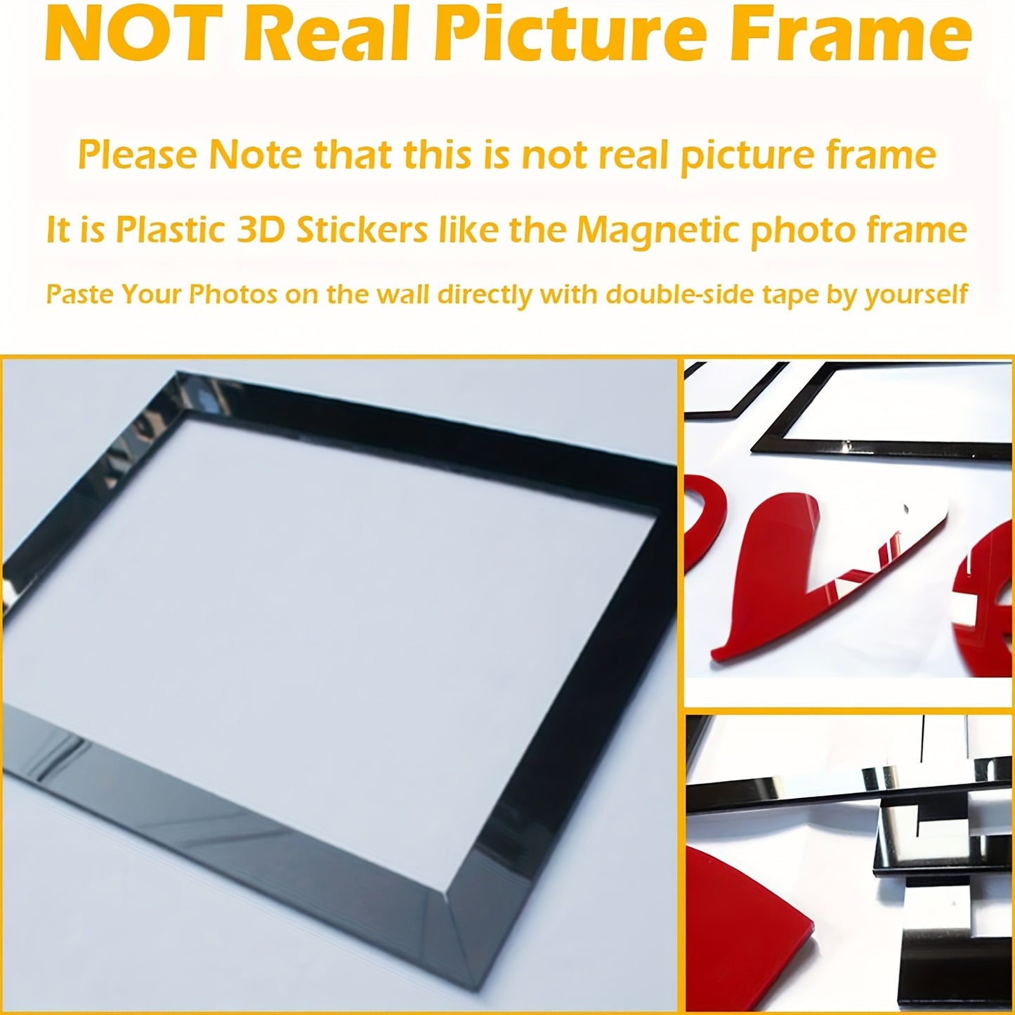 Self-adhesive family tree frames in black plastic; 3D sticker design for easy photo display