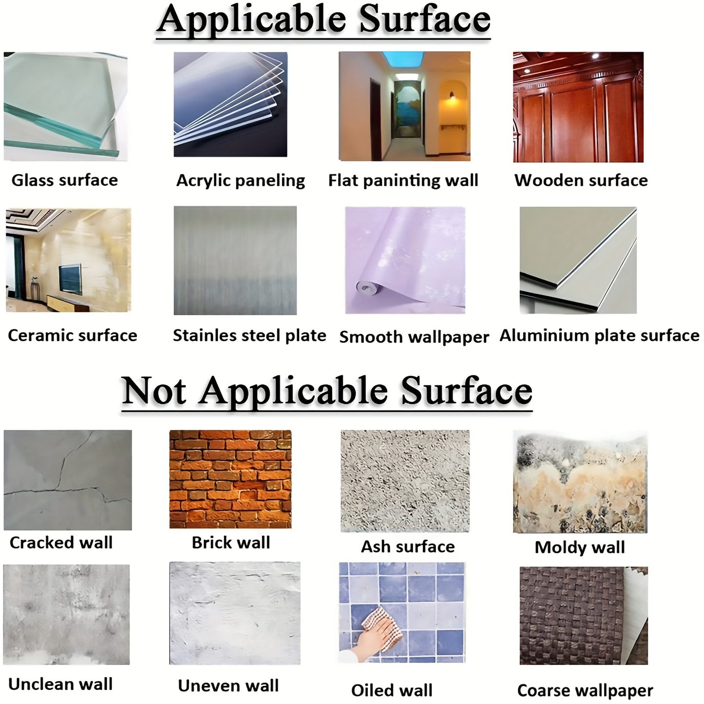Applicable and non-applicable surfaces for self-adhesive family tree frames display and usage guidelines