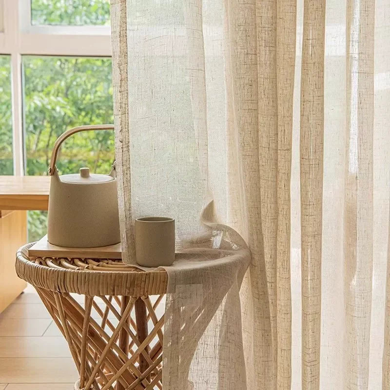 Nutshell Cotton Linen Beige Sheer Curtains . lightweight translucent panels over rattan side table with teapot and cup