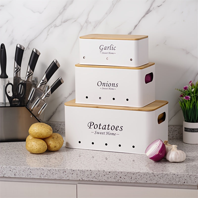 Nutshell shatterproof kitchen canister set for organizing garlic, onions, and potatoes on a countertop