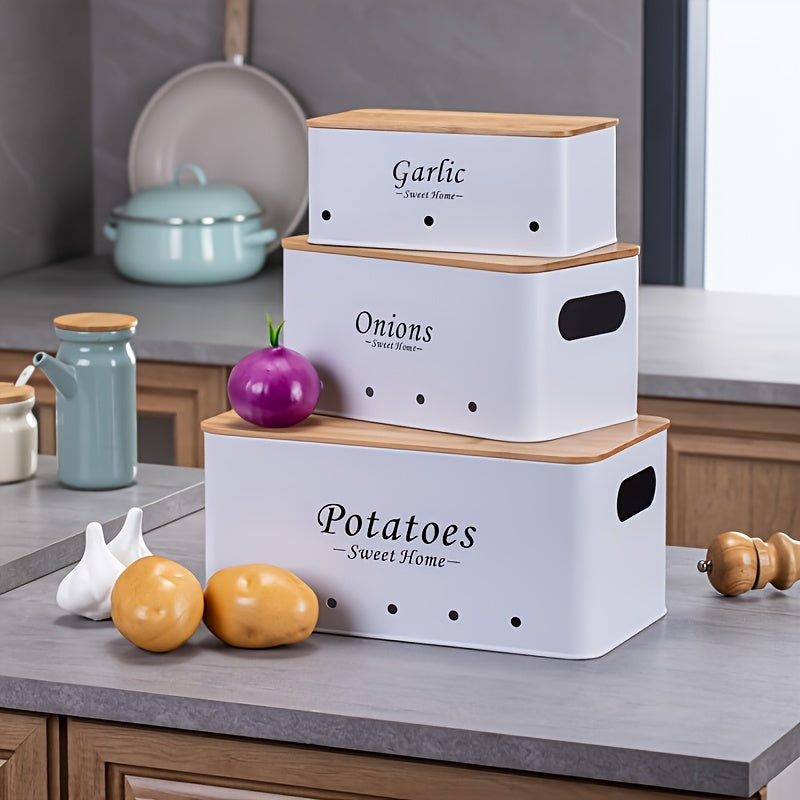 Nutshell shatterproof kitchen canister set with labeled containers for garlic, onions, and potatoes