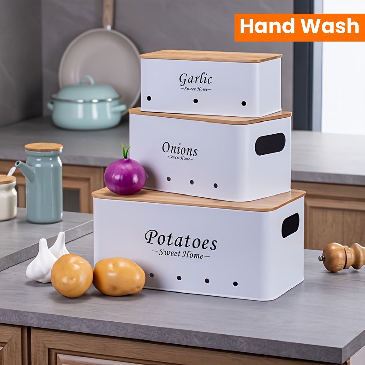Shatterproof kitchen canister set featuring labeled containers for garlic, onions, and potatoes