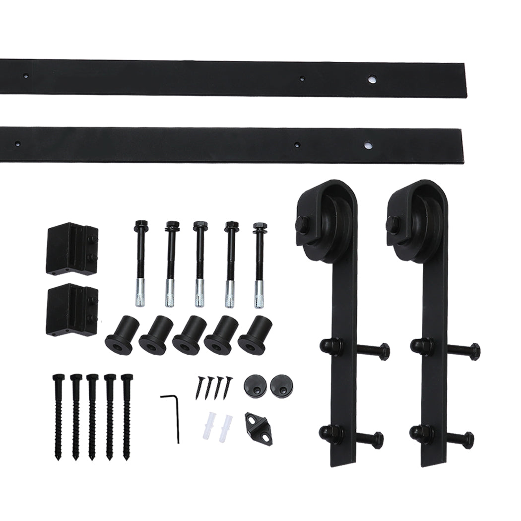 Nutshell sliding barn door hardware kit in black including rollers, rails, screws, and mounting brackets