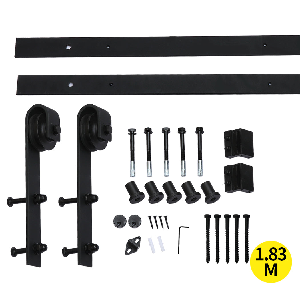 Nutshell black metal sliding barn door hardware kit with rollers screws and mounting brackets 1.83 meter