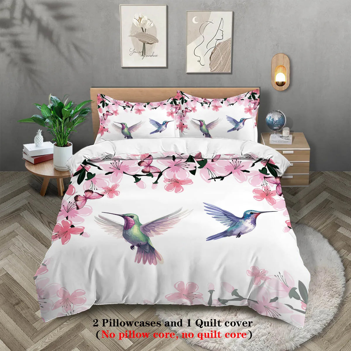 Nutshell spring bird flower bedding set with hummingbird and pink floral design duvet cover and pillowcases
