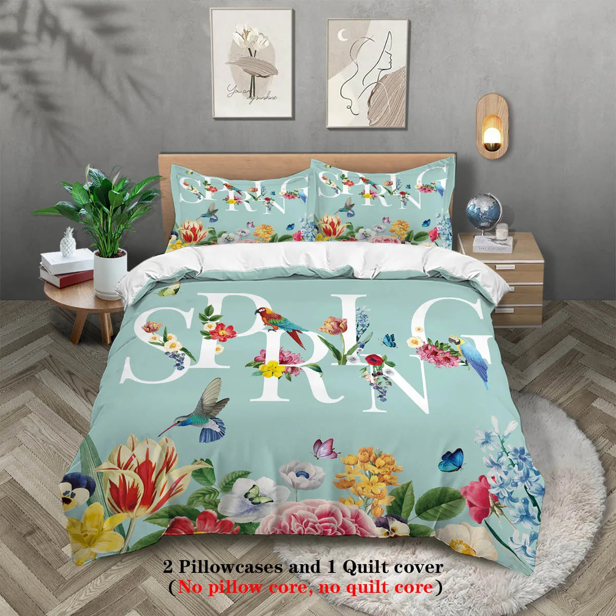 Nutshell spring bird flower bedding set featuring duvet cover and pillowcases with colorful floral and bird design