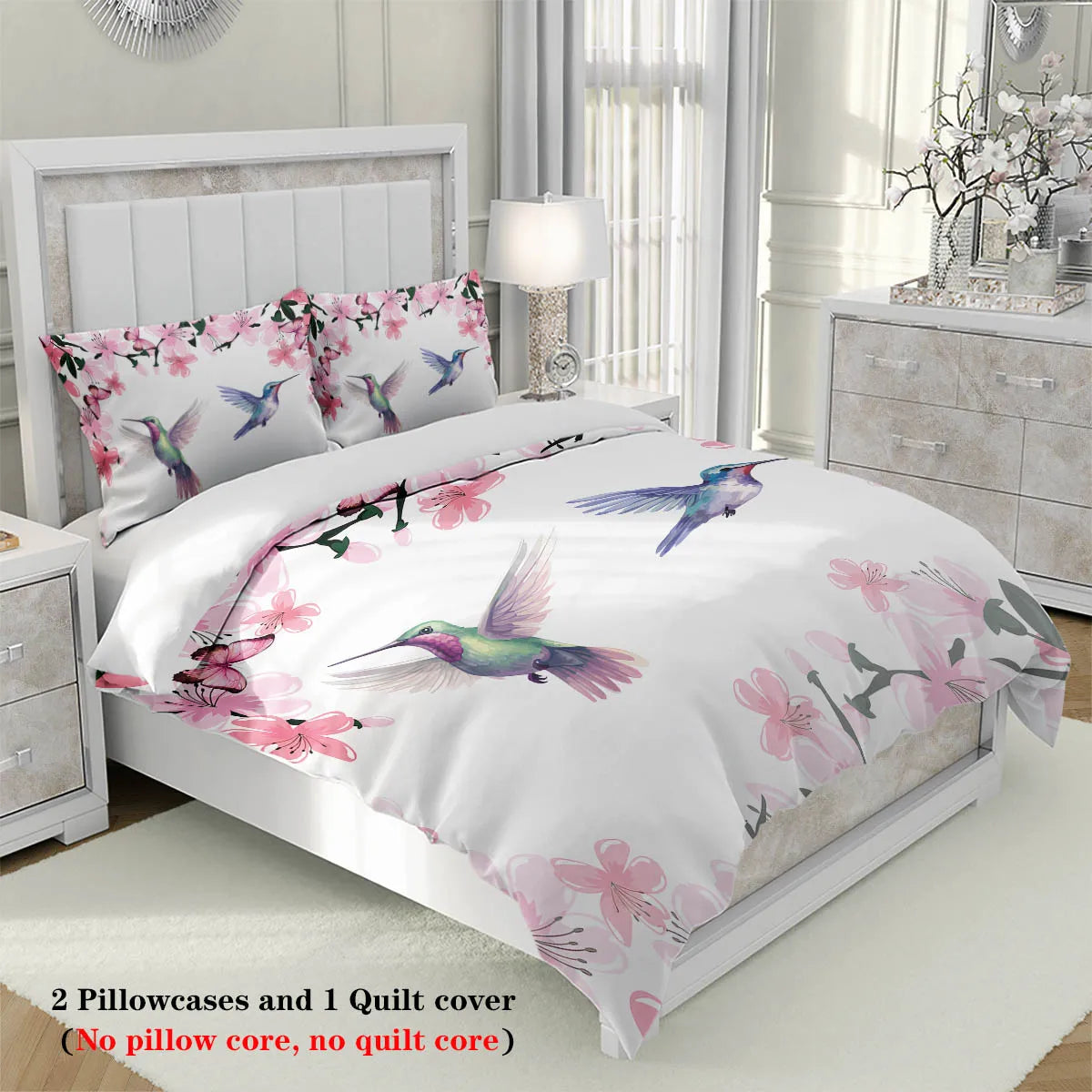 Nutshell spring bird flower bedding set with hummingbird and pink floral design on duvet cover and pillowcases