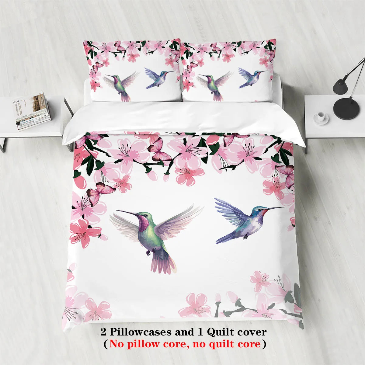 Nutshell spring bird flower bedding set with pink flowers and colorful hummingbirds on duvet cover and pillowcases
