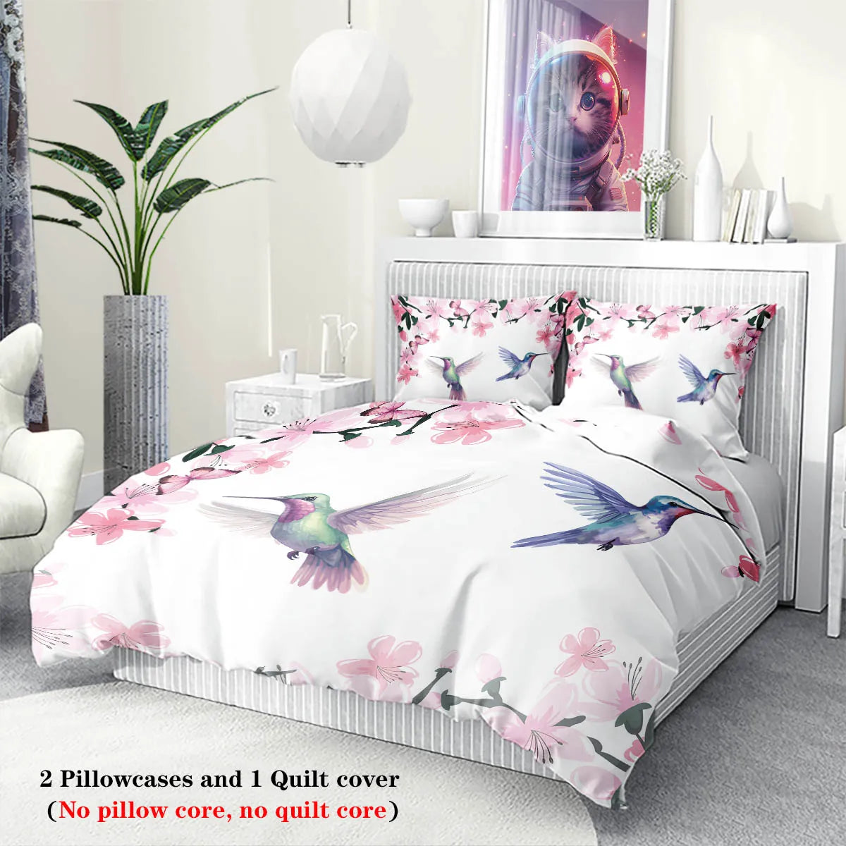 Nutshell spring bird flower bedding set featuring pink flowers and colorful hummingbirds on white duvet cover with matching pillowcases