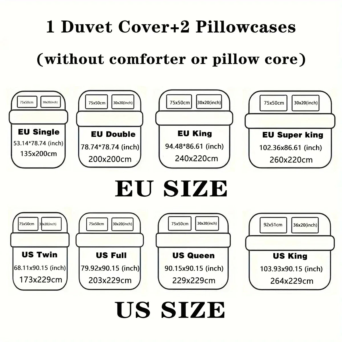 Size chart for duvet cover with 2 pillowcases spring bird flower bedding set available in EU and US sizes