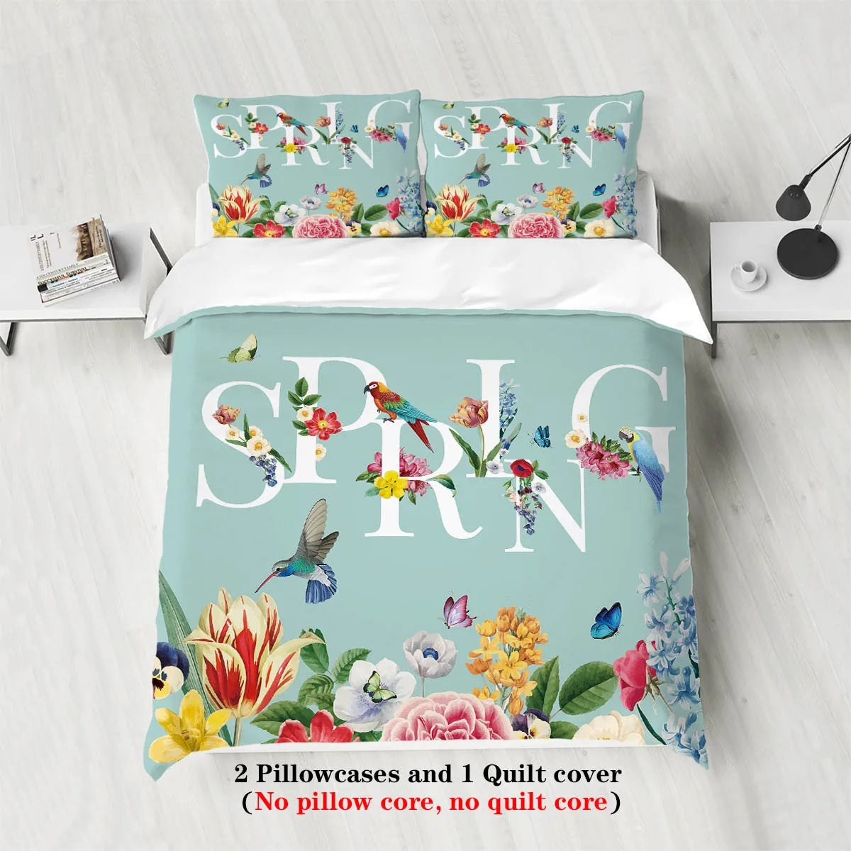 Nutshell spring bird flower bedding set with floral and bird design on light blue duvet cover and pillowcases