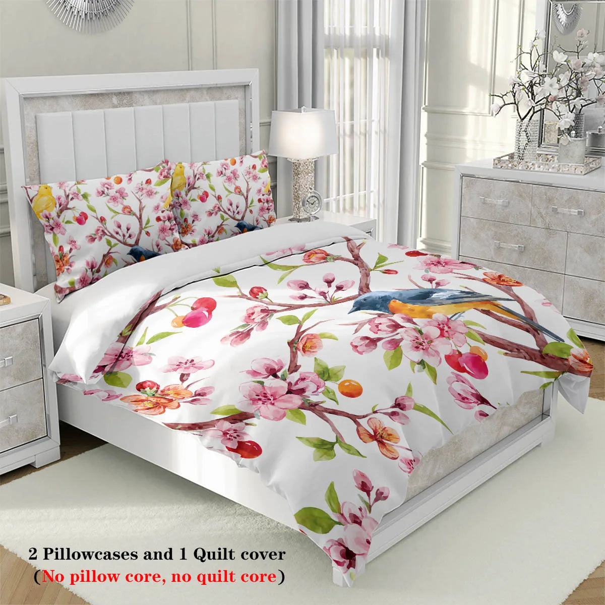 Nutshell spring bird flower bedding set with pink flowers and colorful birds on white duvet cover