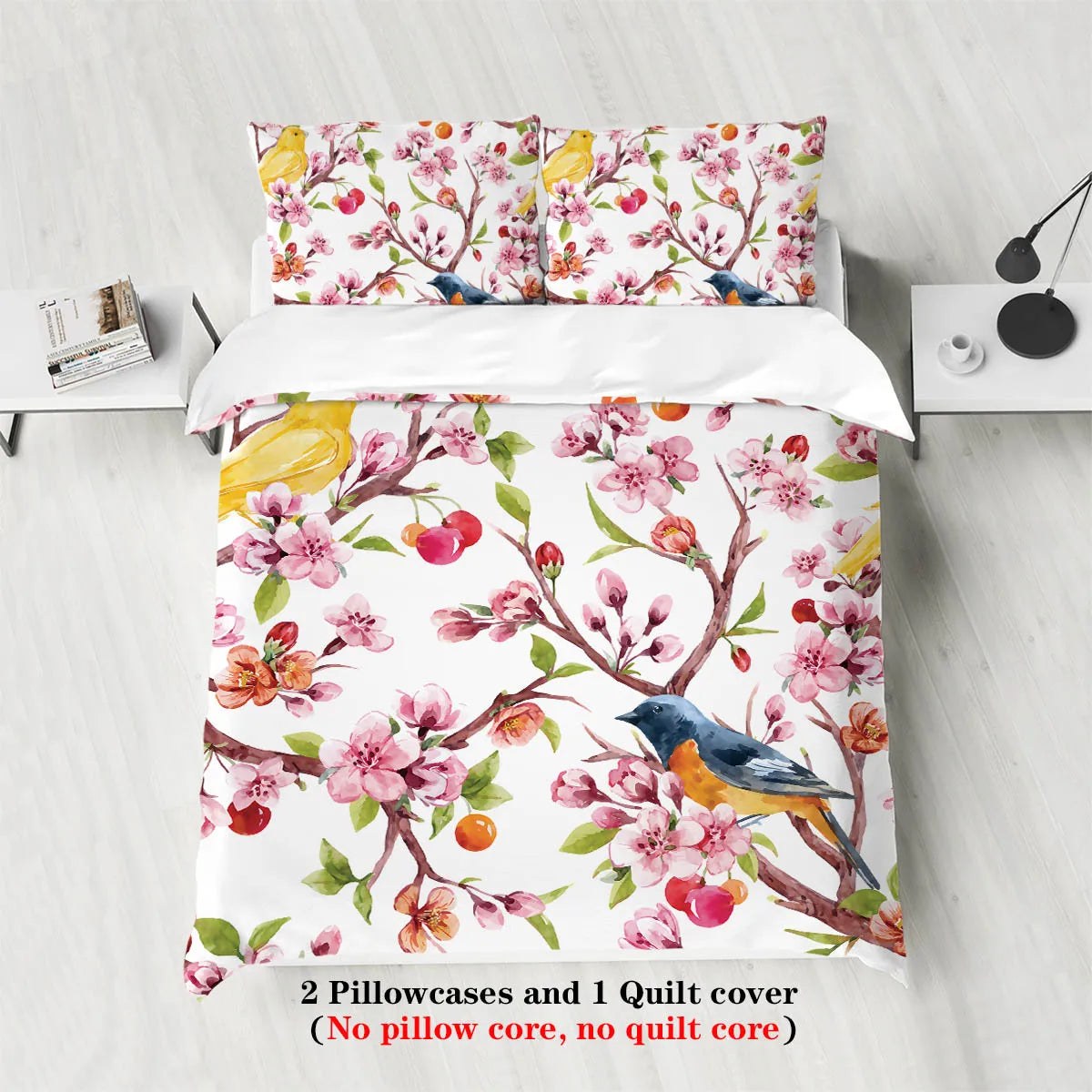 Nutshell spring bird flower bedding set with colorful birds and pink blossoms on white duvet cover