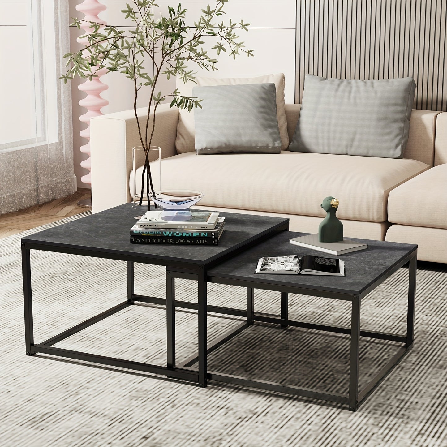 Square Nesting Coffee Table Set in modern design with black stone tops and metal frames for stylish living rooms
