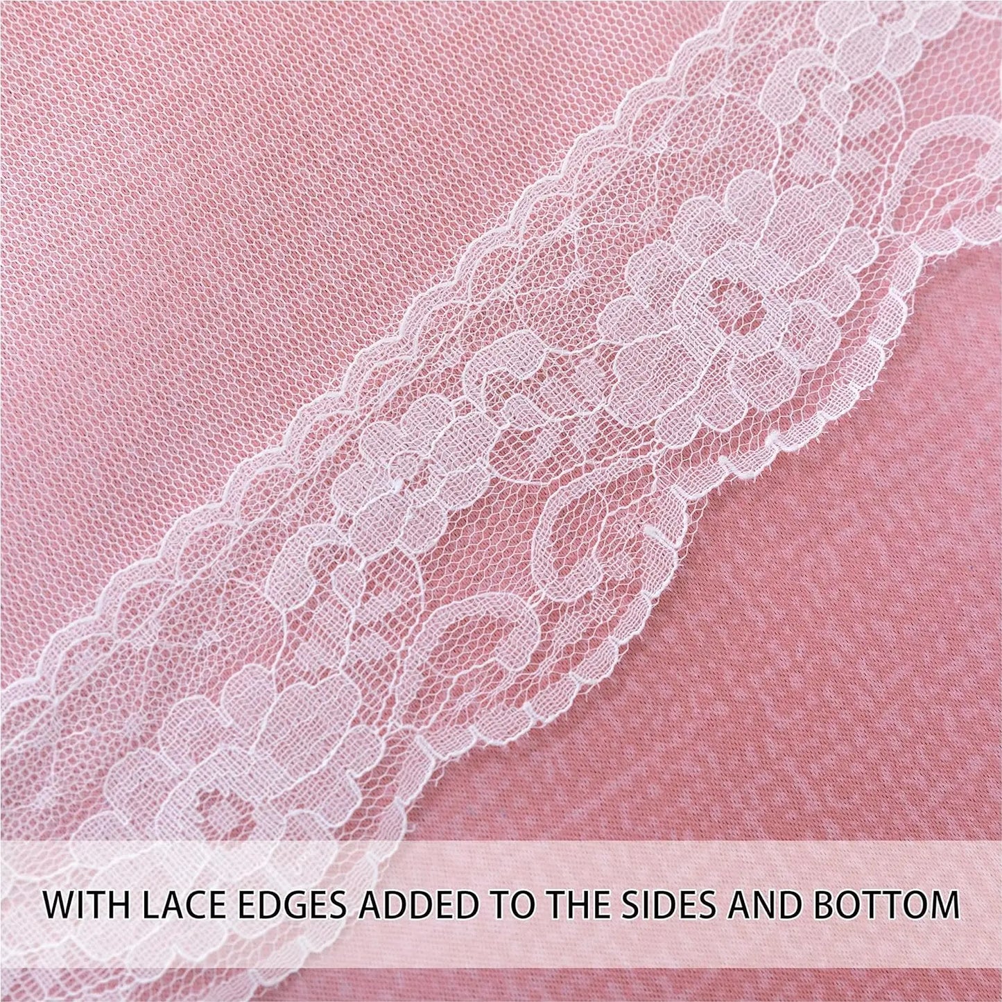 Colorful Rainbow Twinkle Star Curtains pink fabric closeup with white floral lace edge and note about lace edges