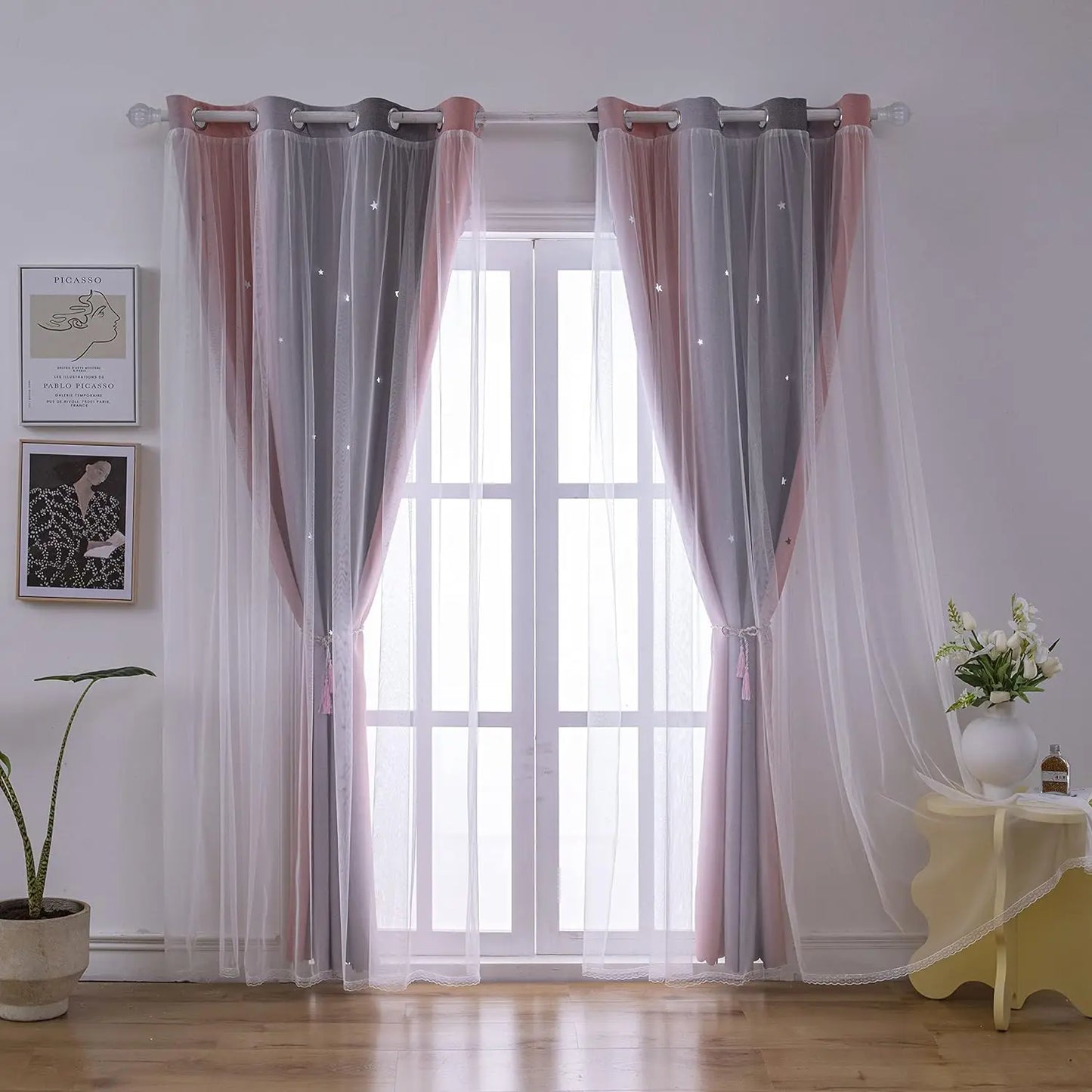 Colorful Rainbow Twinkle Star Curtains pink and gray layered sheer drapes with twinkle lights over French doors