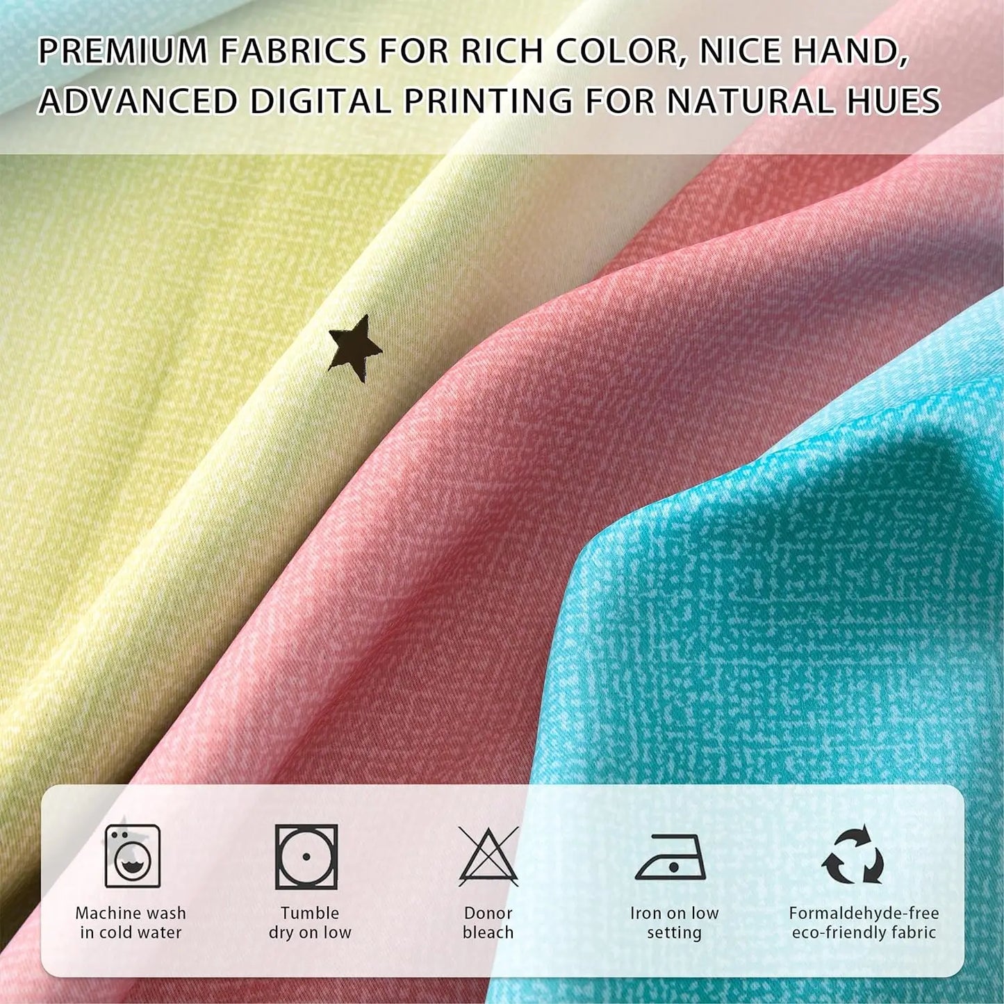 Colorful Rainbow Twinkle Star Curtains fabric swatches in pastel yellow pink and blue with black star motif and care icons