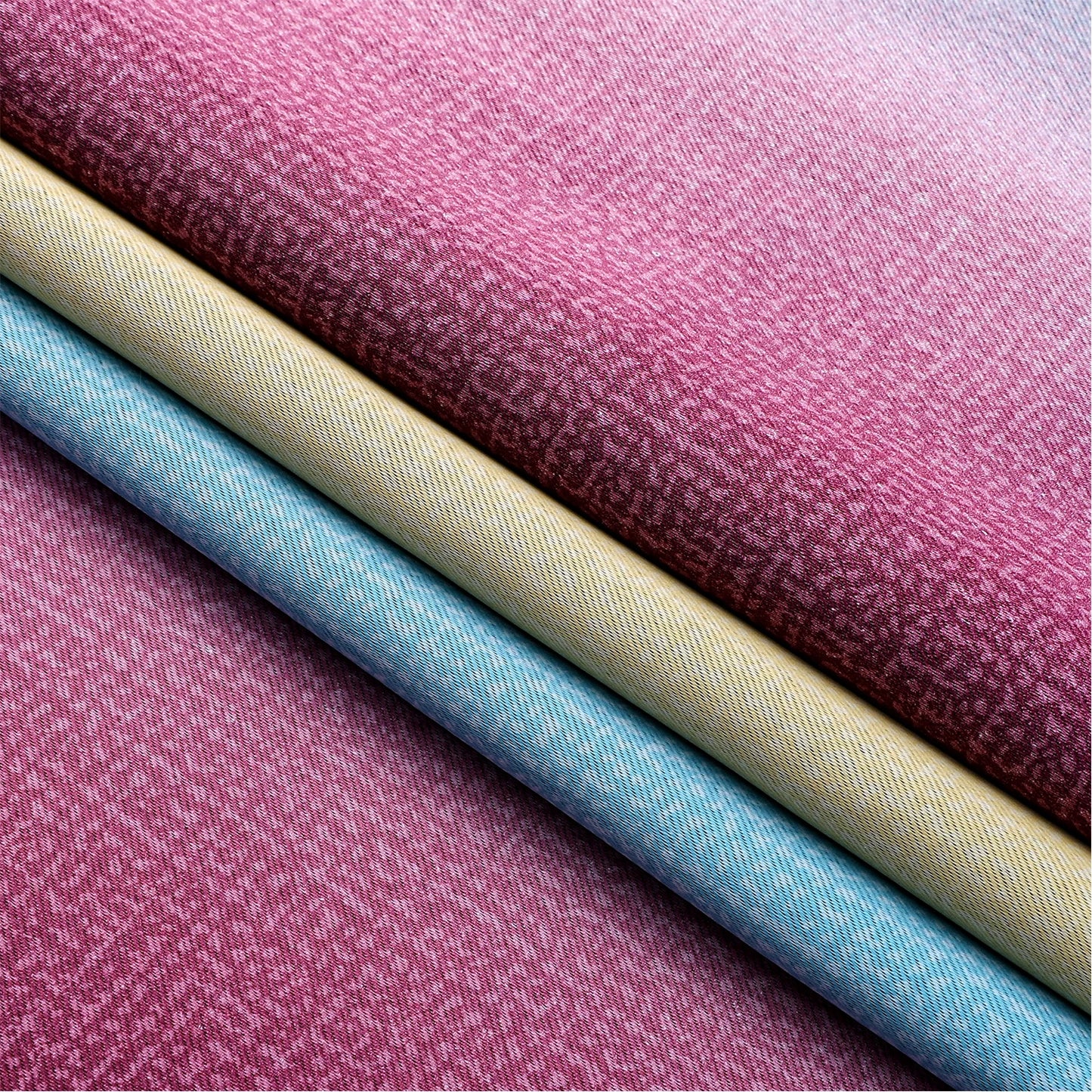 Colorful Rainbow Twinkle Star Curtains folded fabric swatches in pink blue and yellow with subtle twinkle pattern