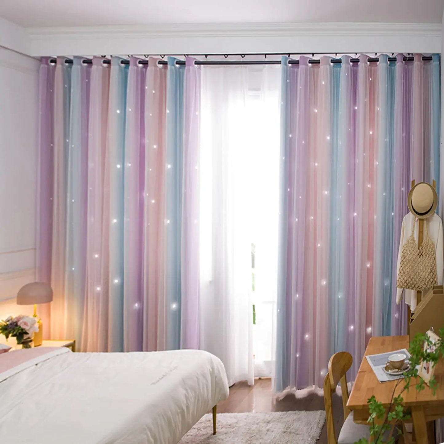 Colorful Rainbow Twinkle Star Curtains pastel grommet panels with sheer white liner in cozy bedroom window twinkling star design