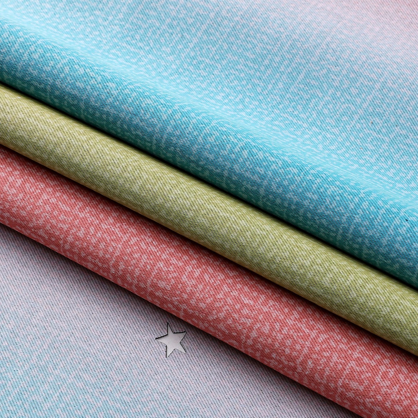 Colorful Rainbow Twinkle Star Curtains layered textured fabric in aqua green and coral with star cutout detail for kids rooms